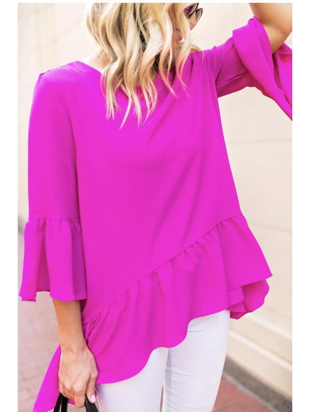 Gibson Fushchia Oversized Ruffled Handkerchief Hem Blouse One Size